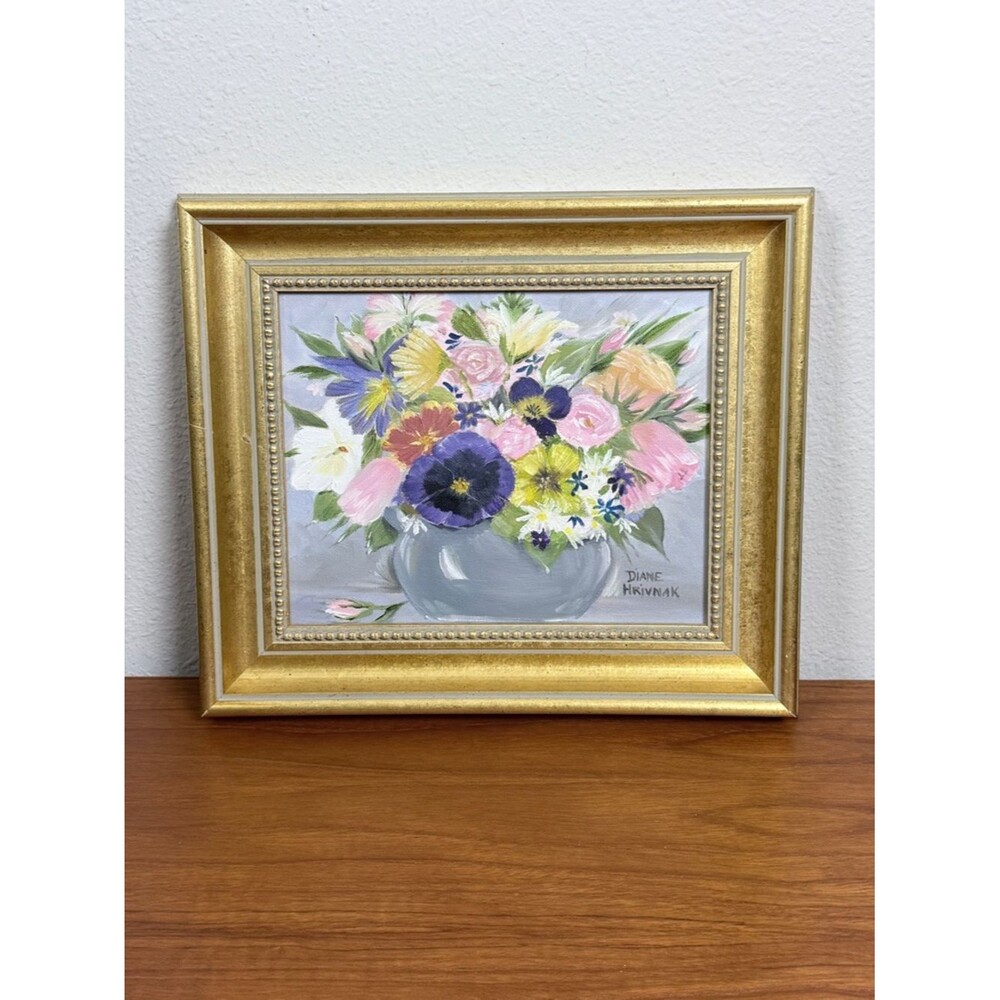 Diane Hrivnak Floral Bouquet 8x10 Original Oil Painting, 13.5x11.5 Framed 1995